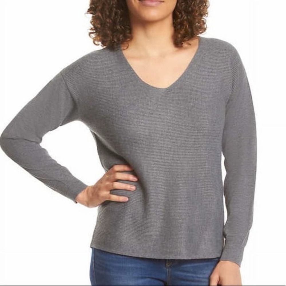 Ella Moss Gray Ribbed V-neck Pullover Sweater Size XL Minimalist Business Casual